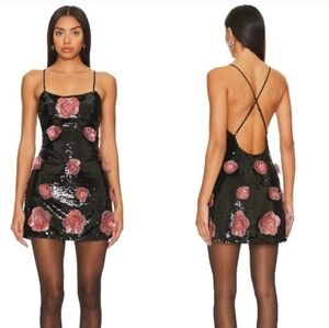 For Love & Lemons Jude Mini Dress Black / Pink Floral Sequin Dress Sz Xs